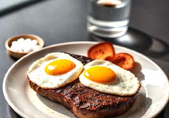 Steak and egg diet meal with grilled steak and two fried eggs served on a white plate