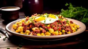 A skillet filled with sizzling, flavorful corned beef hash.