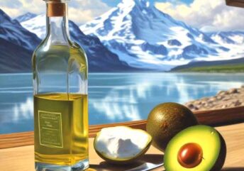 Scientist in lab testing avocado oil purity, with ‘BEFORE/AFTER’ health metrics