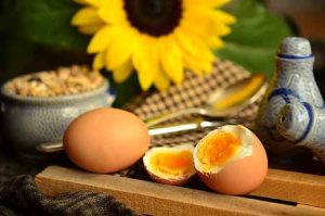 protein in eggs - cracked egg revealing rich yolk and albumen