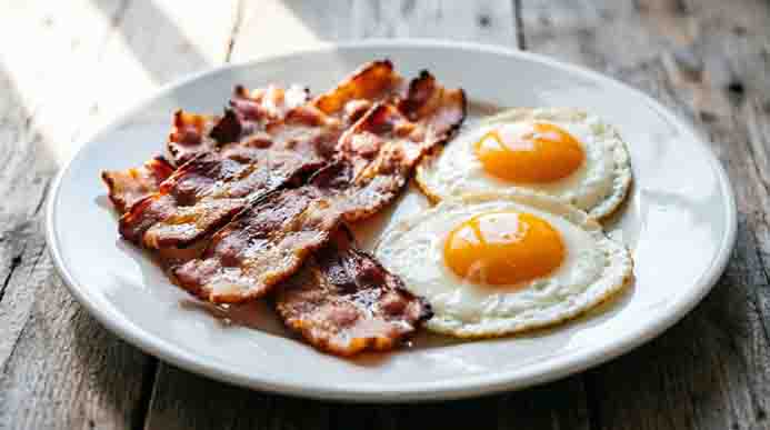 Crispy, glistening bacon strips arranged beside two perfect sunny-side-up eggs on a classic white plate atop weathered wood.
