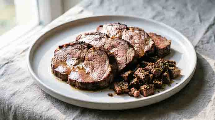 Sliced beef liver medallions served alongside seasoned ground beef crumbles on a light gray plate near a sunlit window.