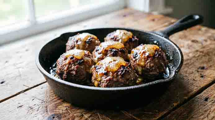 Savory beef meatballs topped with melted cheese sizzling in a cast iron skillet on a weathered wood table.