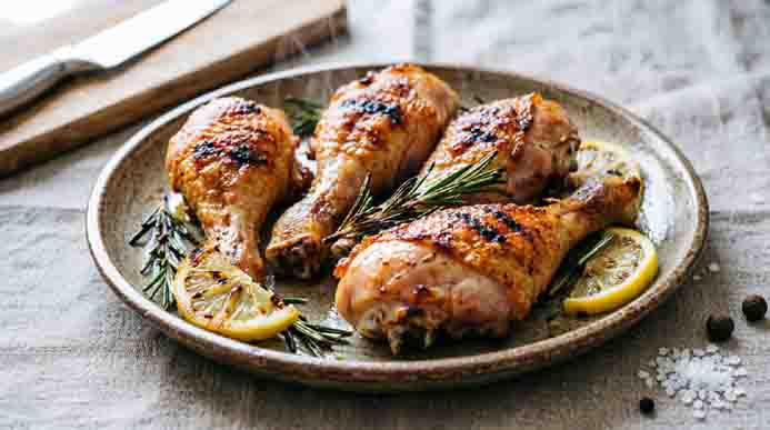 Four herb-roasted chicken drumsticks garnished with grilled lemon slices and fresh rosemary on a stoneware platter.