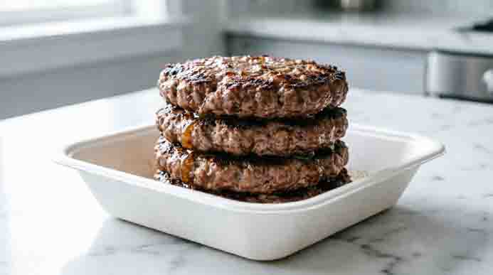 Stack of three chilled burger patties in a white compostable takeout container on a marble countertop.