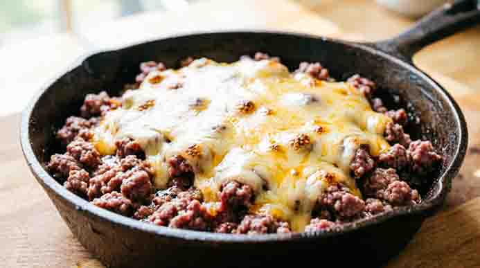 Browned ground beef smothered in bubbly melted cheese in a cast iron skillet, set on a sunlit wooden countertop.