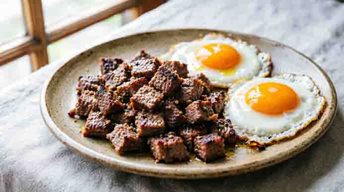 Crispy seasoned ground beef cubes served with two sunny-side-up eggs on a rustic ceramic plate for a quick carnivore lunch.