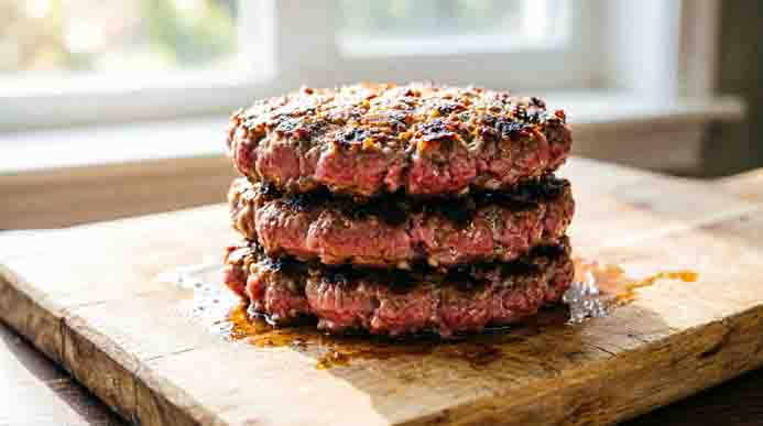 Stack of four thick, juicy ground beef patties glistening with rendered fat on a rustic wooden cutting board near a window.
