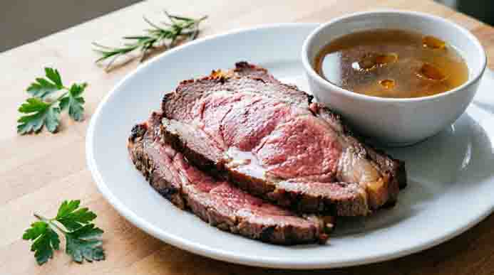 Thinly sliced medium-rare roast beef fanned on a white plate with fresh parsley and a small bowl of au jus for dipping.