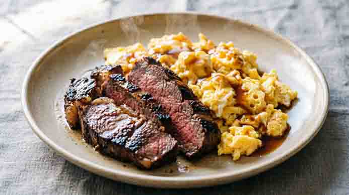 Sliced leftover steak and fluffy scrambled eggs drizzled with pan juices, steaming gently on a warm ceramic plate.