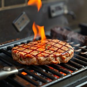 Genuine hot marinated flat iron steak sizzling in a pan, cooking to perfection.