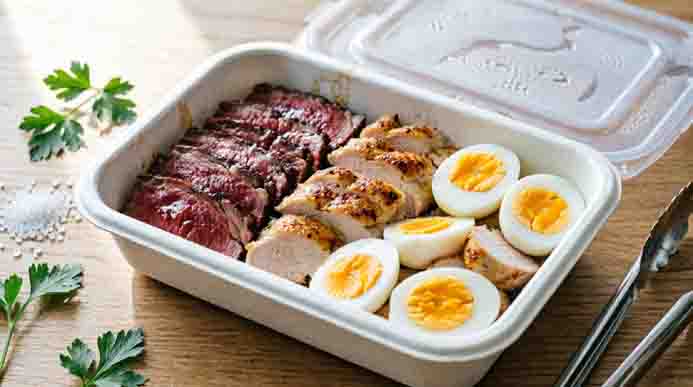 Assorted sliced roast beef, chicken breast, and halved hard-boiled eggs arranged in a fiber meal prep container with fresh parsley.