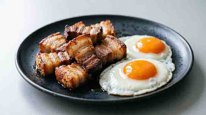 Cubed crispy pork belly with rendered fat layers served with two bright-yolked fried eggs on a matte black plate.