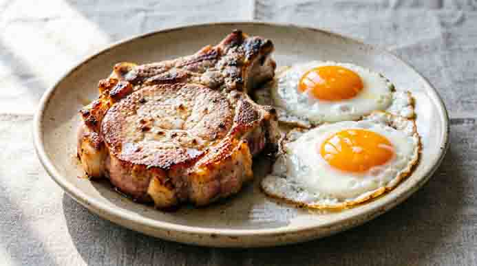 Bone-in pork chop with golden-brown sear marks served with two crispy-edged fried eggs on a textured beige plate.