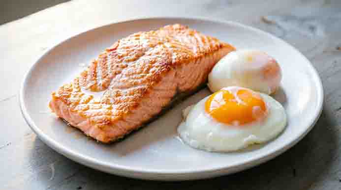 Pan-seared salmon fillet with crispy skin served with one poached egg and one sunny-side-up egg on a minimalist white plate.