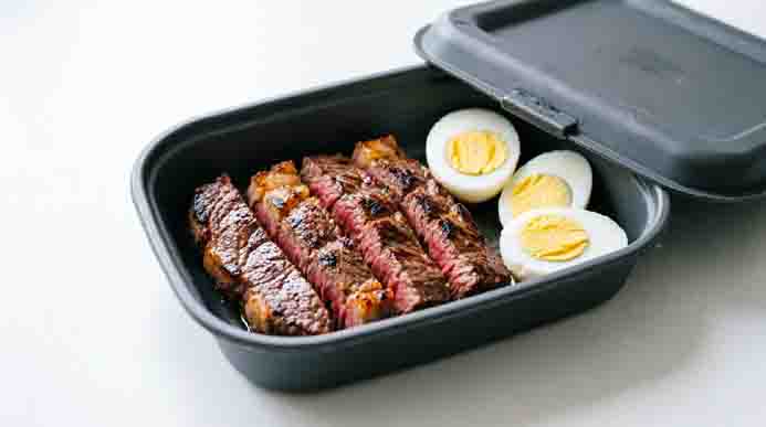 Sliced grilled steak strips and quartered hard-boiled eggs neatly packed in a matte black bento-style lunch container.