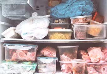 Frozen steak stored correctly in a home freezer for long-term preservation.