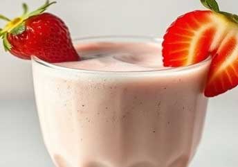Smooth and creamy soft strawberry milkshake in a tall glass, ideal for sensitive teeth or braces.