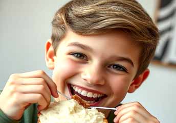 Smiling young person with braces enjoying a soft meal — radiating confidence, health, and comfort during orthodontic care. what foods can you eat with braces
