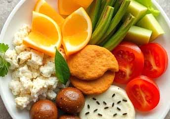 Soft foods in a white plate — braces-friendly options like mashed potatoes, ripe fruits, and tender proteins for the first week.