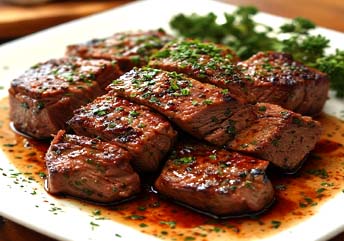 Soft, tender steak sliced into small pieces on a plate, suitable for people eating with braces.