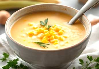 Steaming bowl of smooth corn chowder, a creamy and gentle soup ideal for braces-friendly recipes.