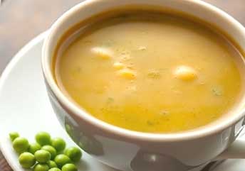 Smooth split pea soup served warm — a creamy, braces-friendly option rich in flavor and nutrition.