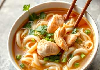 Warm bowl of soft chicken noodle soup with tender noodles and shredded chicken — a braces-friendly comfort meal.