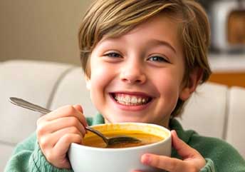 Smiling teenager with braces enjoying a warm bowl of soup, highlighting comfort food ideal for braces wearers.
