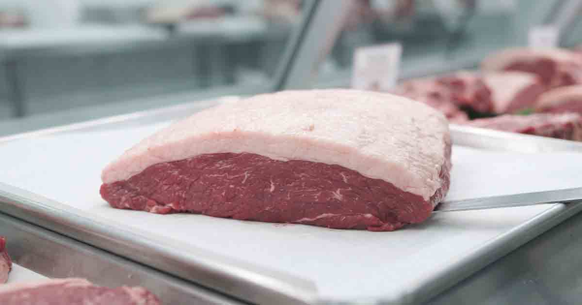 what is picanha, A high-resolution, 4k photograph of a raw, whole picanha roast displayed in a refrigerated butcher's case. The cut exhibits its distinct triangular shape and features a thick, even, white external fat cap covering the deep red meat.