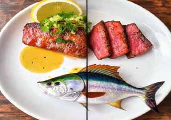 Perfectly seared ahi tuna steak served with fresh greens and lemon wedges. Yellowfin Ahi Tuna Steak and Mahi Mahi