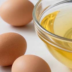 A glass bowl filled with raw egg whites on a kitchen counter, focusing on the lean egg white nutrition profile.