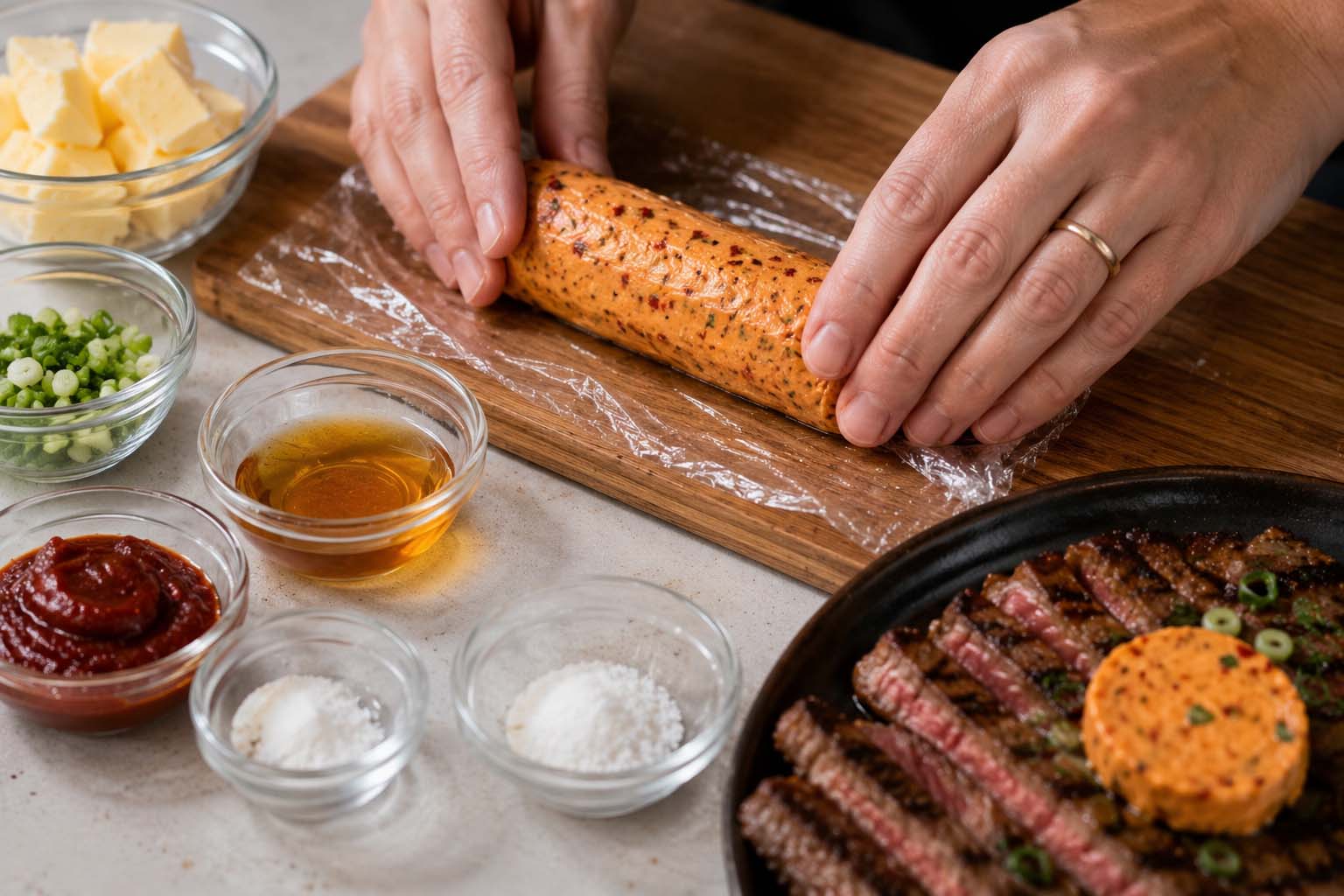 A log of gochujang and sesame steak butter on plastic wrap, with sliced coins melting over a grilled skirt steak.