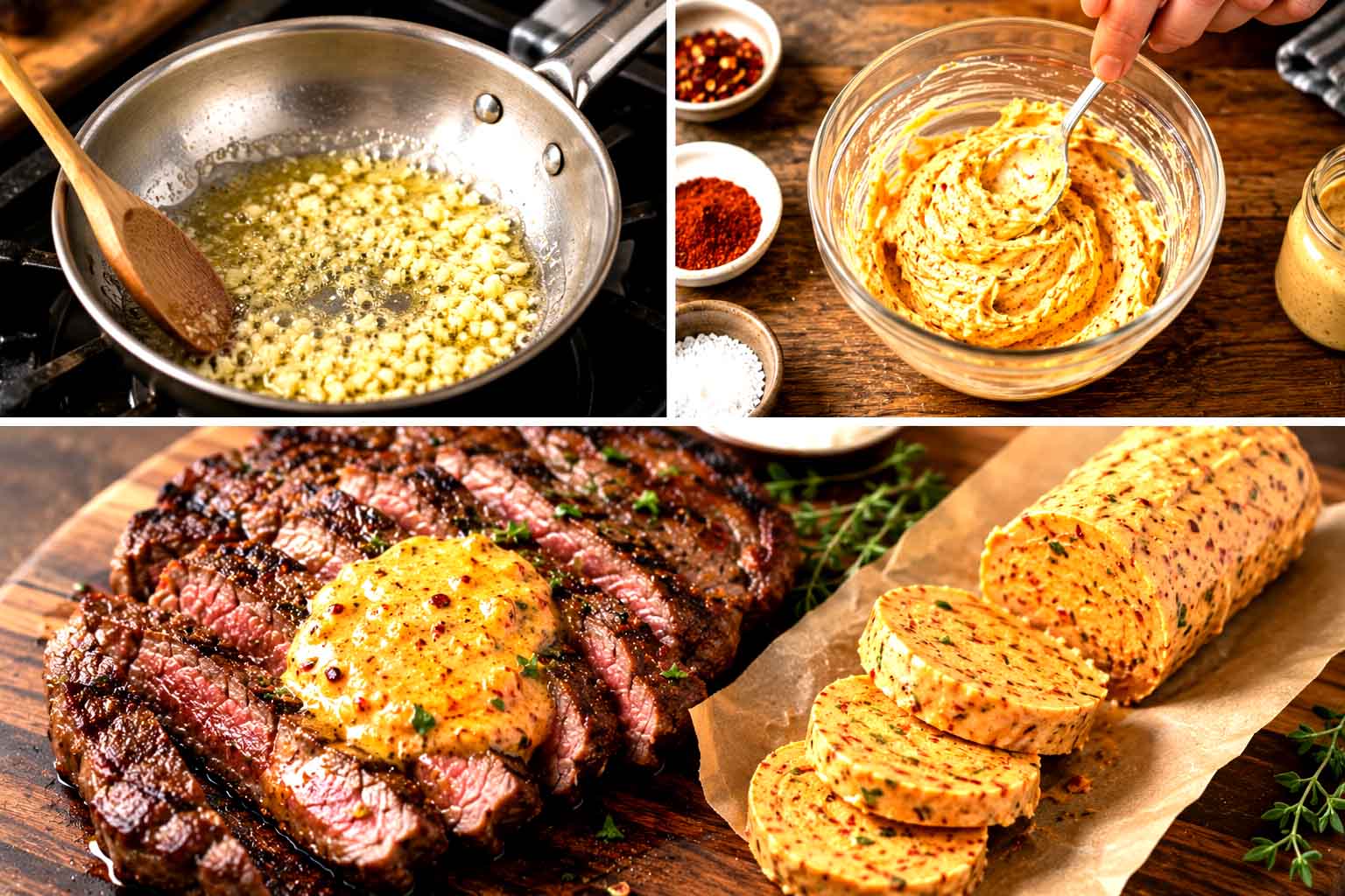 A small bowl of softened cowboy butter with a spoon, next to a grilled steak with the butter dolloped on top and melting down the sides.