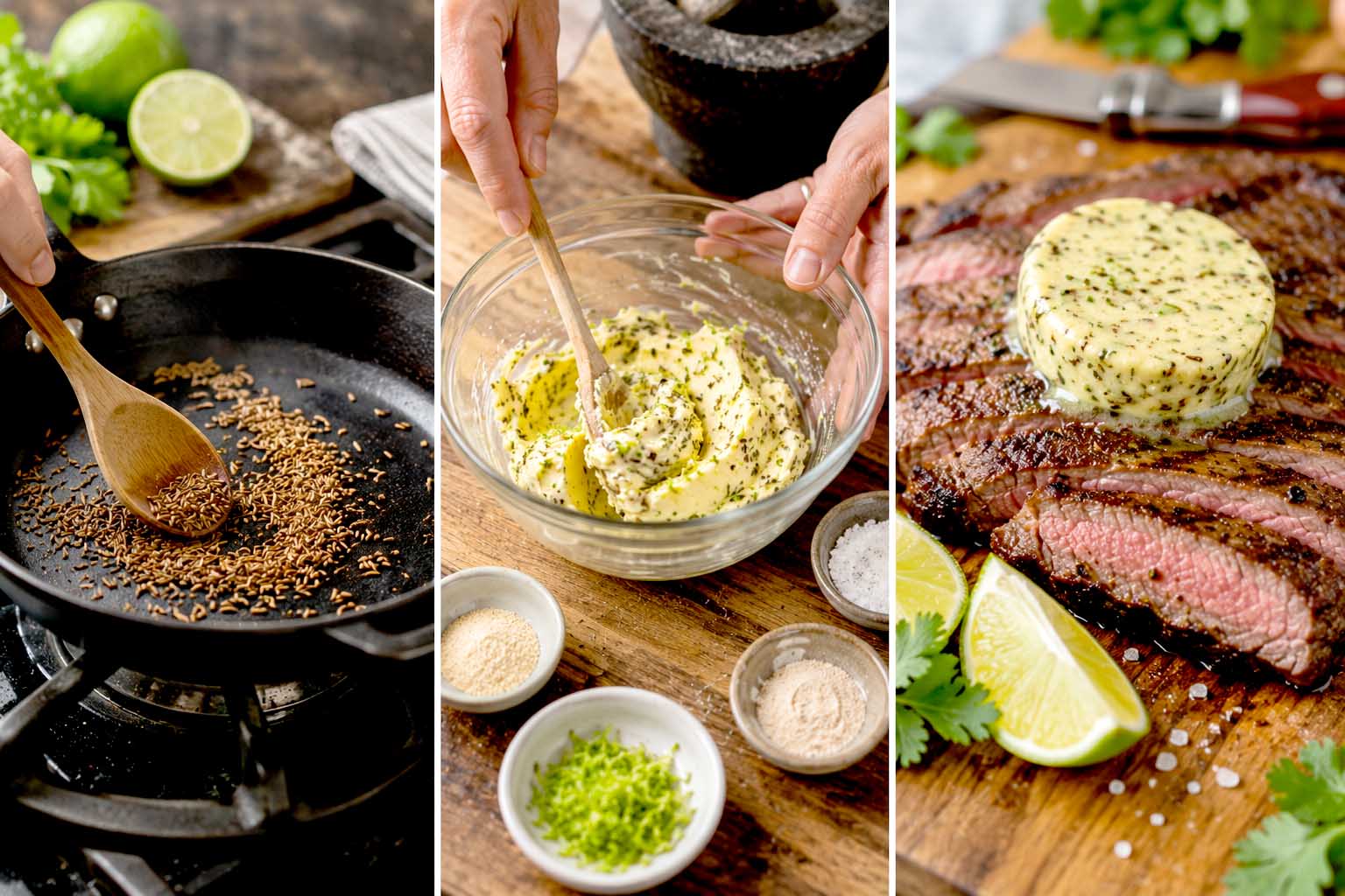 A log of cumin and lime steak butter on parchment paper, with sliced coins melting over a grilled Denver steak or tri-tip.