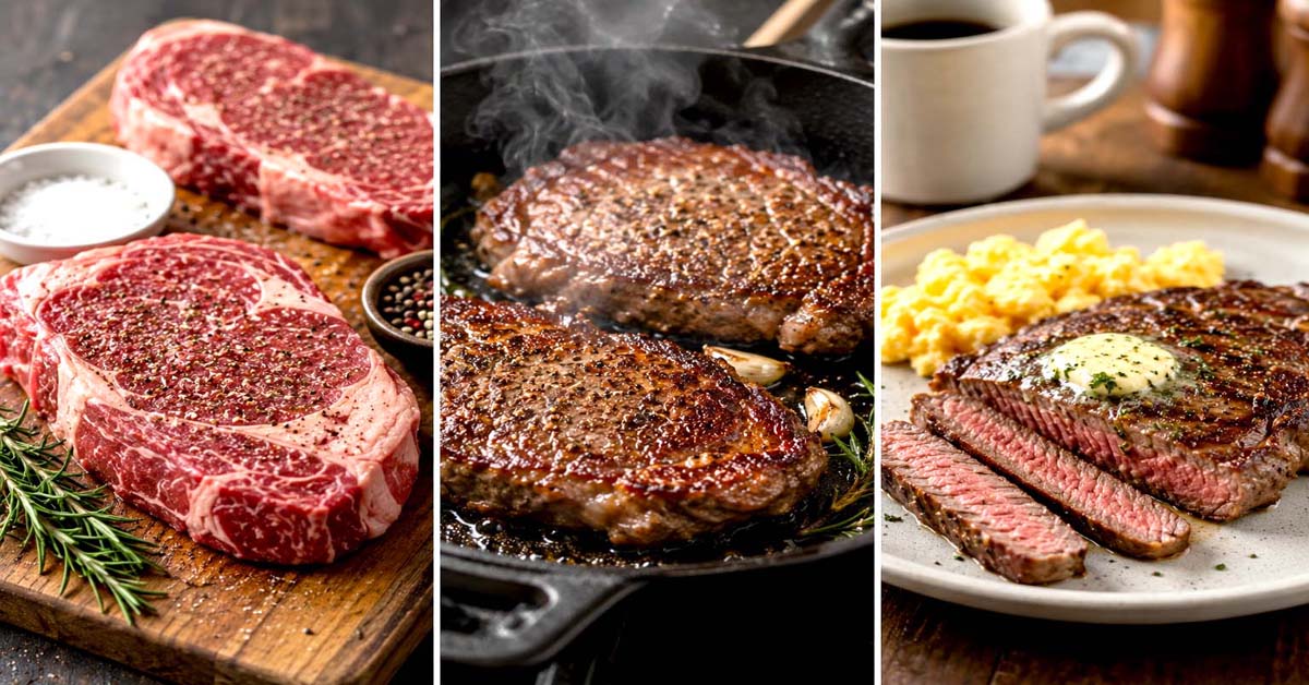 A log of garlic and herb steak butter wrapped in plastic wrap, next to sliced butter coins melting on a grilled steak.