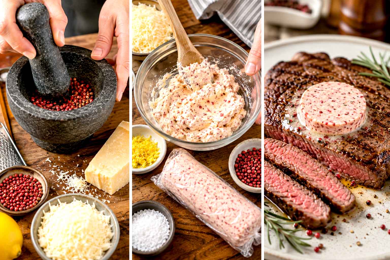 A log of pink cacio e pepe steak butter on wax paper, with sliced coins melting over a top sirloin steak.