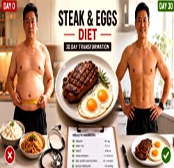 Split-screen comparison showing steak and eggs diet results before and after 30 days. Left side shows a person with measuring tape around waist. Right side shows same person leaner and toned after following a steak and eggs diet. Center features a plate with cooked steak and fried eggs, with a stethoscope and clipboard displaying health markers like cholesterol and weight numbers. Realistic medical wellness photography style.