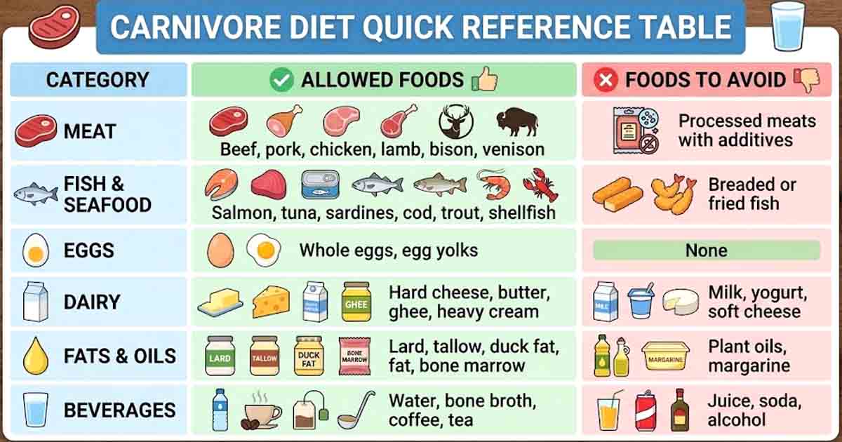 A clean and structured carnivore diet menu reference infographic chart. The title "CARNIVORE DIET QUICK REFERENCE TABLE" is at the top. The image displays two main columns: "ALLOWED FOODS" in green and "FOODS TO AVOID" in pink. Categories include Meat, Fish & Seafood, Eggs, Dairy, Fats & Oils, and Beverages. Illustrative icons accompany text for specific foods like steak, salmon, butter, lard, bone broth, and coffee under the "ALLOWED" column. Icons for items like sausage, breaded fish, milk, plant oils, and soda are shown in the "AVOID" column. A footer reads "Animal Foods Only | Zero-Carb | Eat Animals, Skip Plants." The entire chart has a light background and is set on a blurred wooden texture.