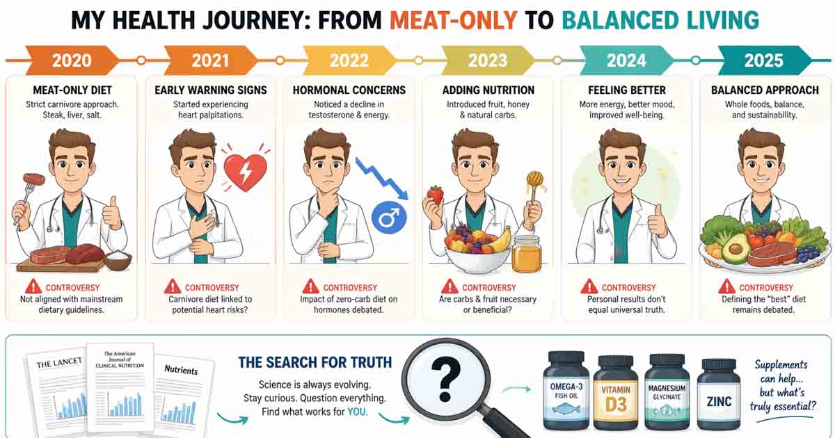 Infographic timeline from 2020 to 2025 showing Paul Saladino's diet journey from strict carnivore to adding fruit and vegetables, with labeled controversy points for heart palpitations and testosterone drop.