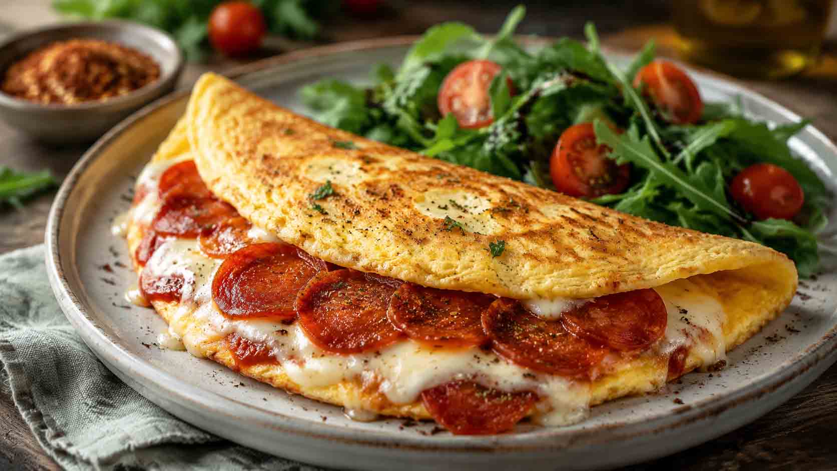 Cheesy ketovore pizza omelet with mozzarella, pepperoni, and tomato sauce served on a white plate
