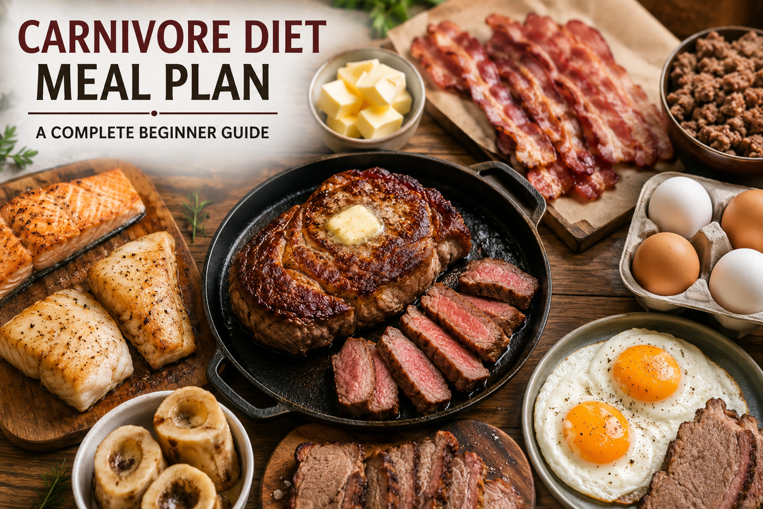Carnivore diet meal plan featuring ribeye steak, eggs, bacon, salmon, butter, bone marrow, and beef on a rustic wooden table.