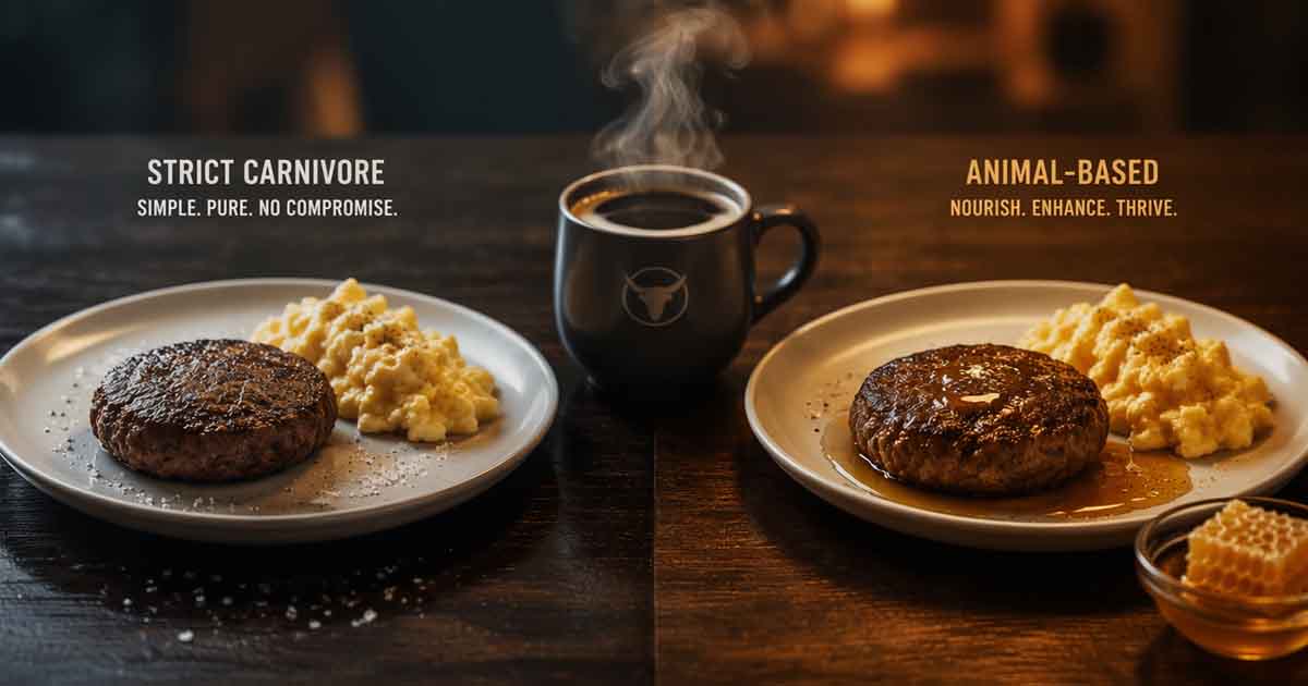 Split composition on dark mahogany table, left side minimalist white plate with beef patty and eggs representing strict carnivore approach, right side plate with honey drizzled over meat and honeycomb representing animal-based approach, black coffee in center, warm amber lighting, cool crisp lighting, contrast, balanced, thoughtful mood, inviting, photorealistic, 8K resolution, cinematic lighting, editorial food photography