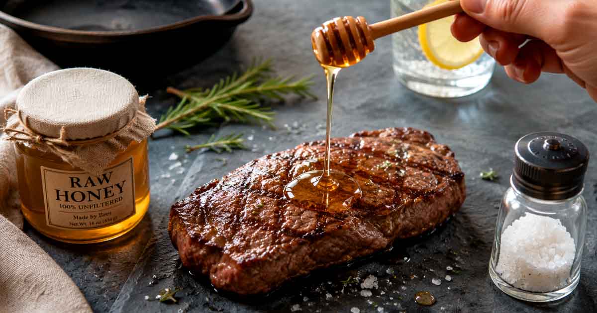 Close-up overhead flat lay on dark slate countertop, thick juicy grilled steak with perfect grill marks, steady hand drizzling golden raw honey from wooden dipper over meat, mason jar of unfiltered honey with cloth cover, sprig of fresh rosemary, coarse salt grinder, cast iron skillet, glass of sparkling water with lemon, soft natural daylight lighting, sharp focus on honey drizzle, viscosity, golden translucence, rustic, wholesome, gourmet, photorealistic