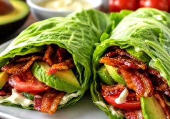 Two low-carb ketovore meal ideas featuring crispy bacon, sliced avocado, tomato, and creamy mayo wrapped tightly in large, vibrant green lettuce leaves on a white plate.