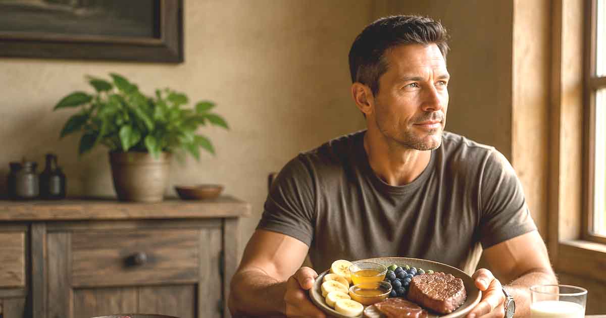 Paul Saladino holding a plate of steak, fruit, and honey. A dark plate with meat behind him shows his old carnivore diet. Natural lighting. Warm tones.