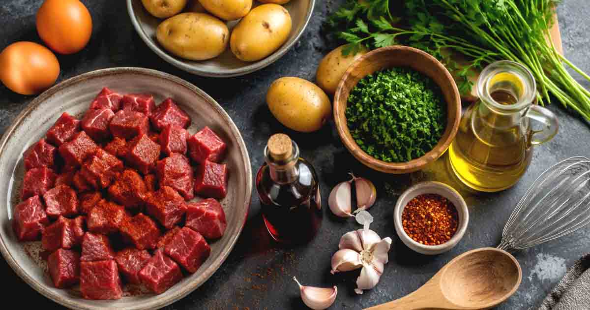 Fresh ingredients for chimichurri steak and potato bowl – sirloin, Yukon gold potatoes, parsley, garlic, and eggs.