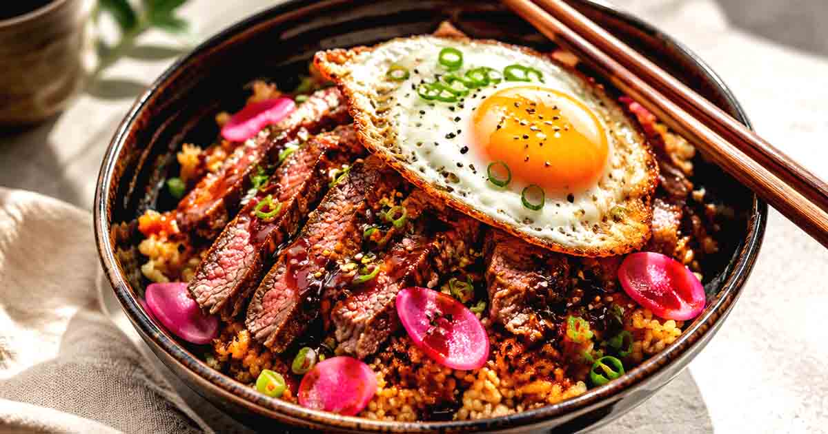Sesame-ginger crispy rice bowl with steak, fried egg, and pickled radish – Asian-inspired breakfast.
