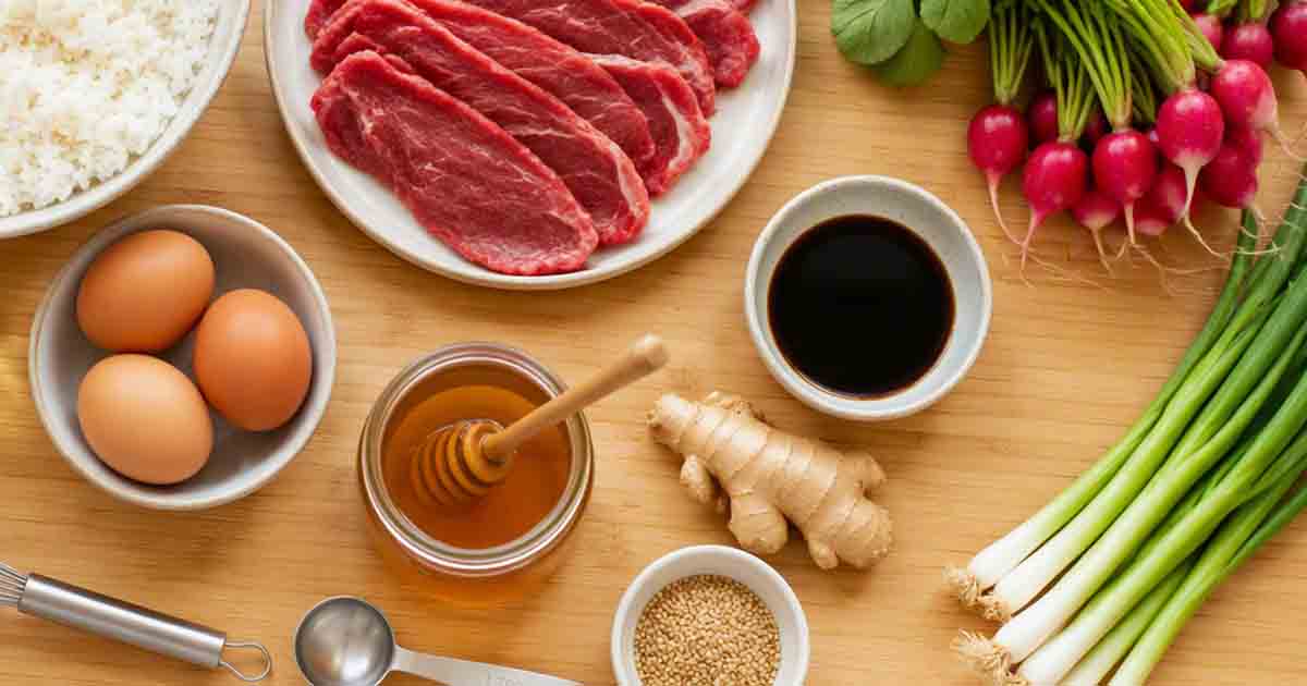 Ingredients for sesame-ginger crispy rice bowl – day-old rice, sliced steak, eggs, radishes, scallions, and sesame sauce components.