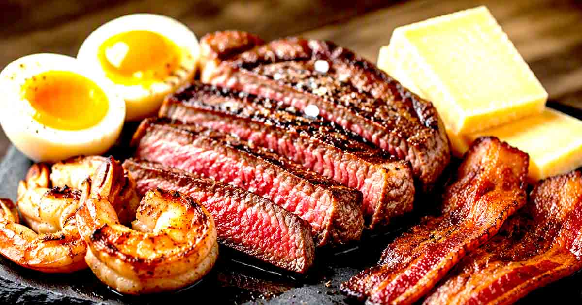 carnivore diet, Sliced medium-rare ribeye steak, soft-boiled egg, grilled shrimp, crispy bacon, and cheddar cheese arranged on a dark slate board.